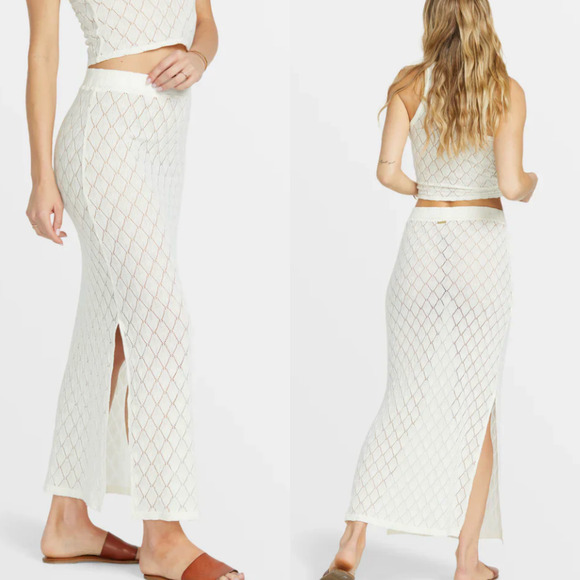 Billabong Midi Skirt M White Crochet Open Knit Semi Sheer Pull On Coverup Beach - Picture 2 of 16